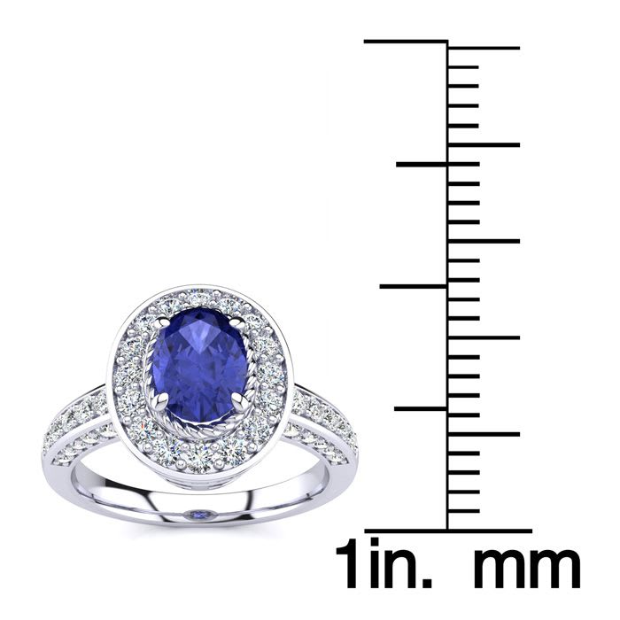 1 1/2 Carat Oval Shape Tanzanite and Halo Diamond Ring In 14 Karat White Gold