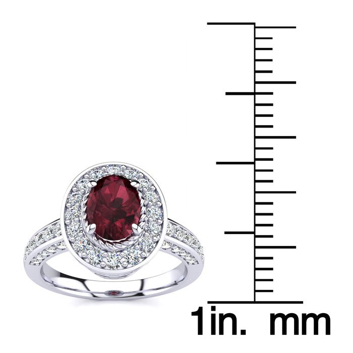 Garnet Ring: Garnet Jewelry: 1 2/3 Carat Oval Shape Garnet and Halo Diamond Ring In 14 Karat White Gold
