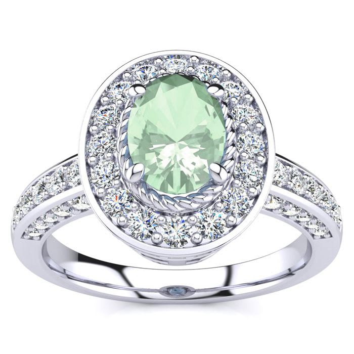 1 1/2 Carat Oval Shape Green Amethyst and Halo Diamond Ring In 14 Karat White Gold