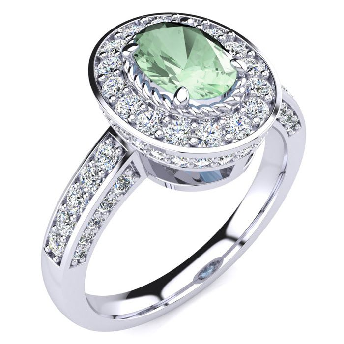 1 1/2 Carat Oval Shape Green Amethyst and Halo Diamond Ring In 14 Karat White Gold