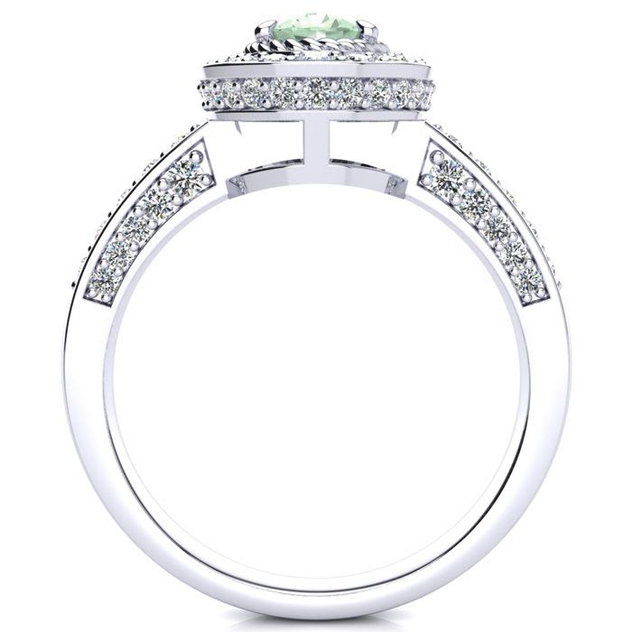1 1/2 Carat Oval Shape Green Amethyst and Halo Diamond Ring In 14 Karat White Gold