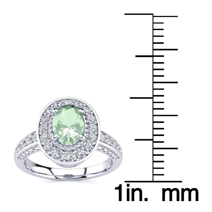 1 1/2 Carat Oval Shape Green Amethyst and Halo Diamond Ring In 14 Karat White Gold