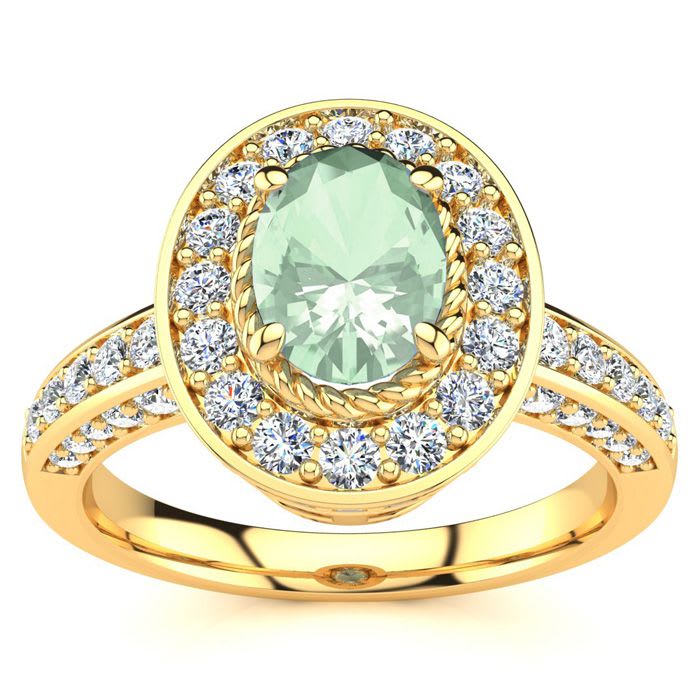 1 1/2 Carat Oval Shape Green Amethyst and Halo Diamond Ring In 14 Karat Yellow Gold