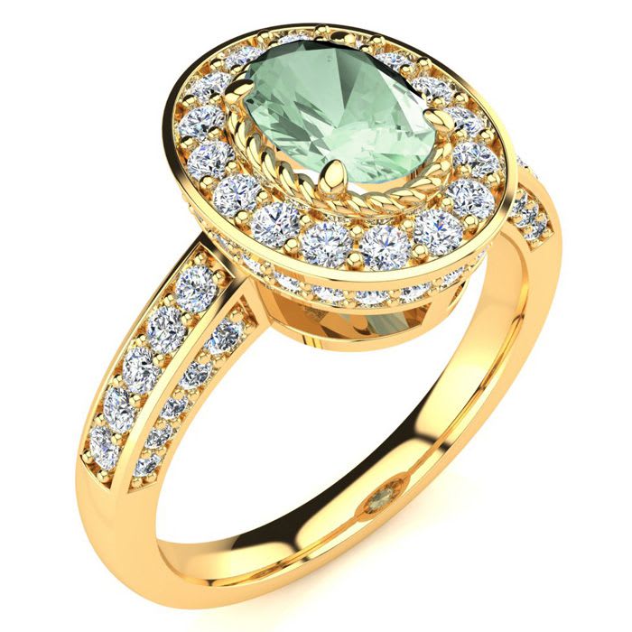 1 1/2 Carat Oval Shape Green Amethyst and Halo Diamond Ring In 14 Karat Yellow Gold