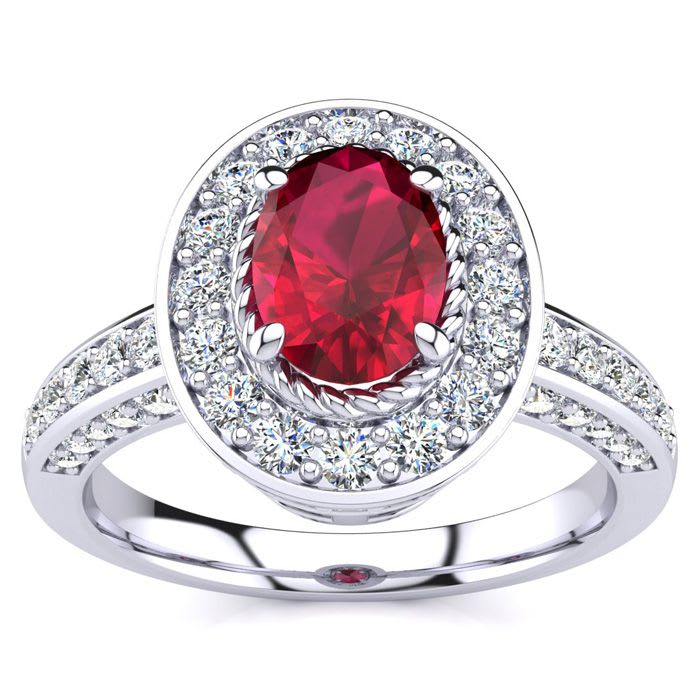 1 1/2 Carat Oval Shape Ruby and Halo Diamond Ring In 14 Karat White Gold