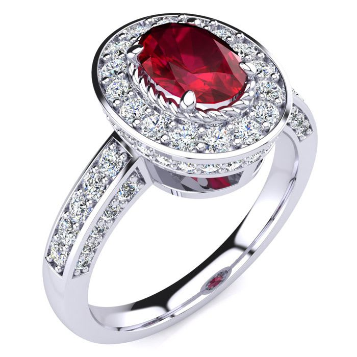 1 1/2 Carat Oval Shape Ruby and Halo Diamond Ring In 14 Karat White Gold