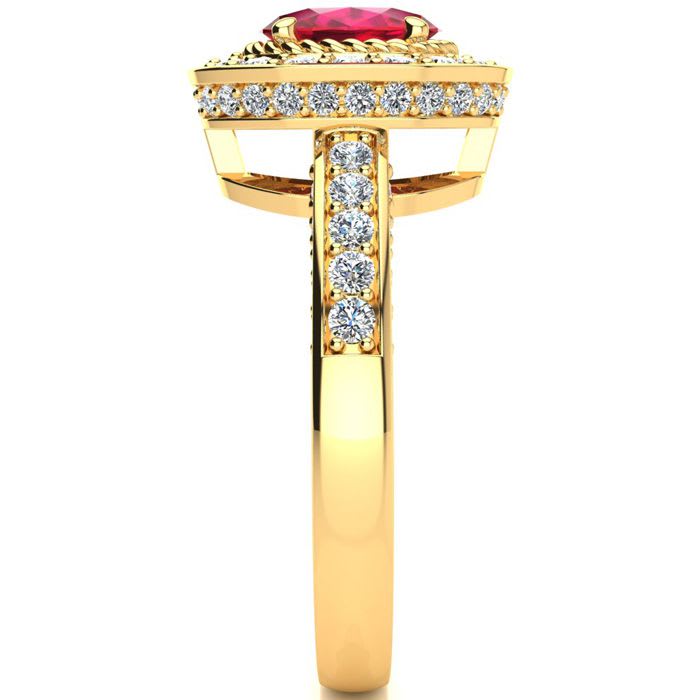 1 1/2 Carat Oval Shape Ruby and Halo Diamond Ring In 14 Karat Yellow Gold