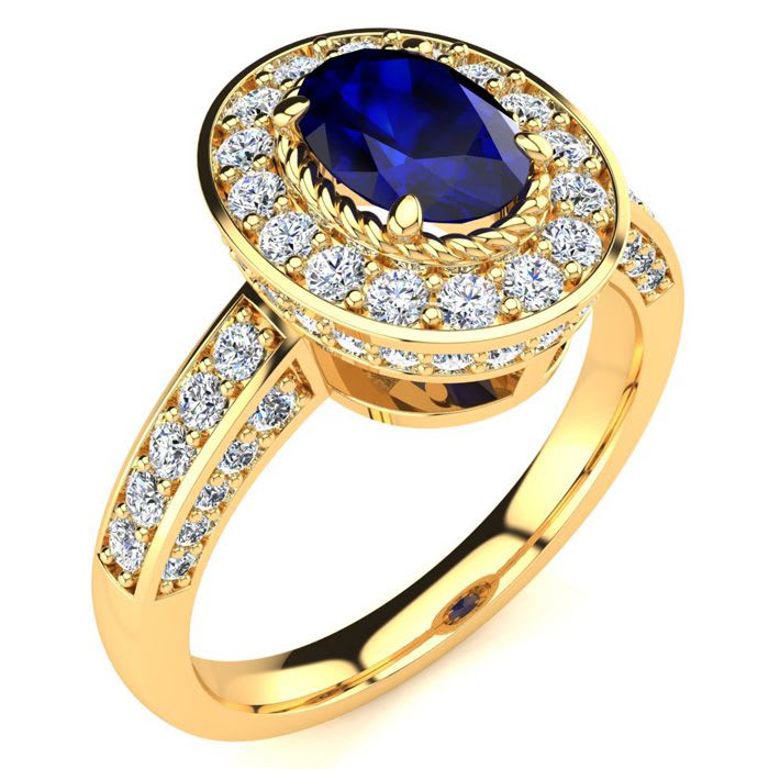 1 2/3 Carat Oval Shape Sapphire and Halo Diamond Ring In 14 Karat Yellow Gold