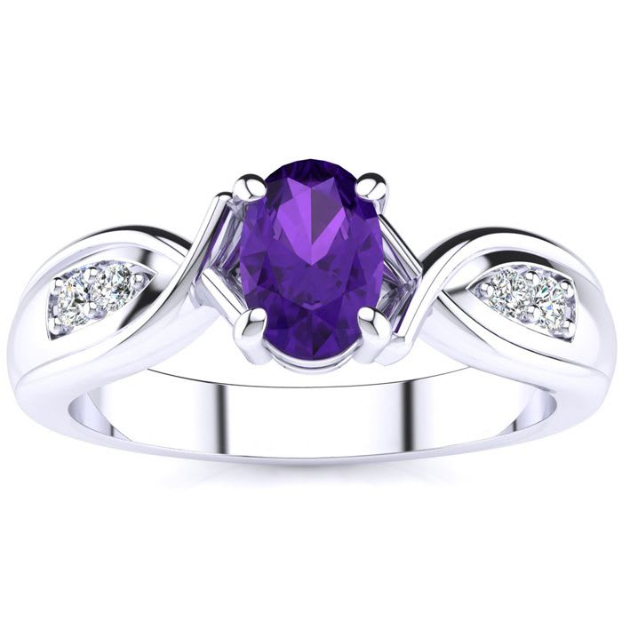 3/4 Carat Oval Shape Amethyst and Four Diamond Ring In 10 Karat White Gold
