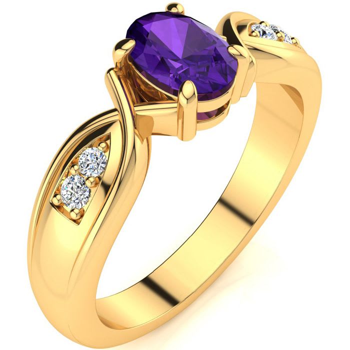 3/4 Carat Oval Shape Amethyst and Four Diamond Ring In 10 Karat Yellow Gold