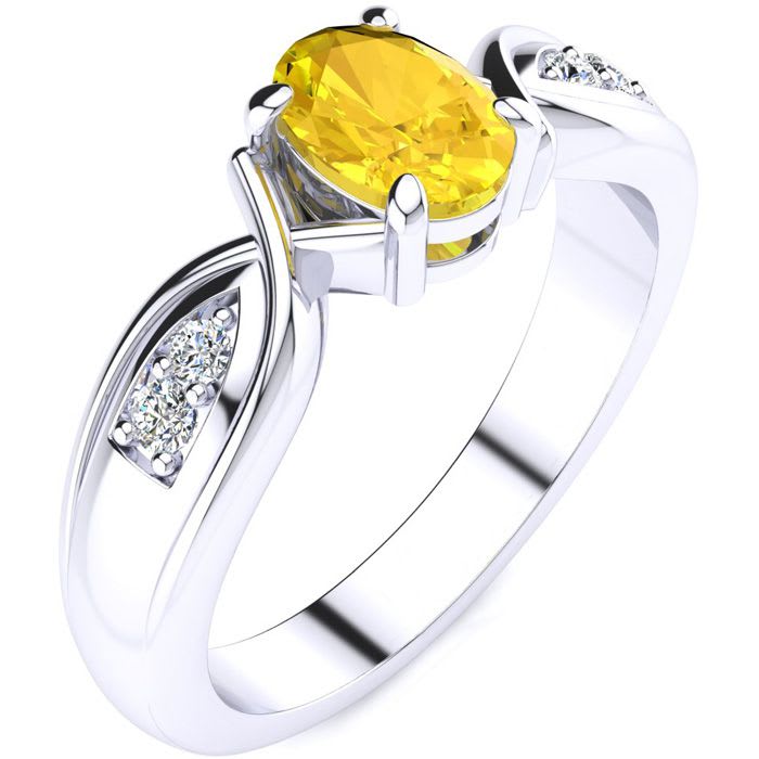 1 Carat Oval Shape Citrine and Four Diamond Ring In 10 Karat White Gold