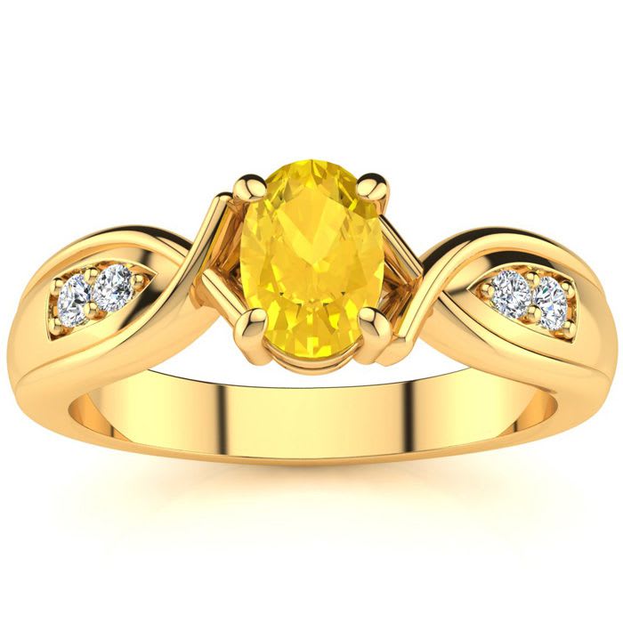1 Carat Oval Shape Citrine and Four Diamond Ring In 10 Karat Yellow Gold