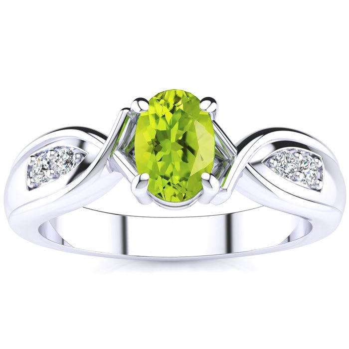 1 Carat Oval Shape Peridot and Four Diamond Ring In 10 Karat White Gold