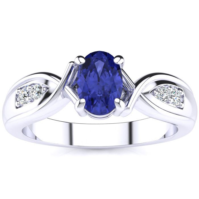 1 Carat Oval Shape Tanzanite and Four Diamond Ring In 10 Karat White Gold