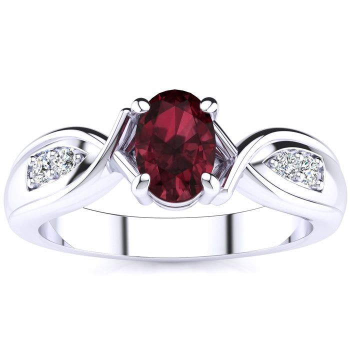 Garnet Ring: Garnet Jewelry: 1 Carat Oval Shape Garnet and Four Diamond Ring In 10 Karat White Gold