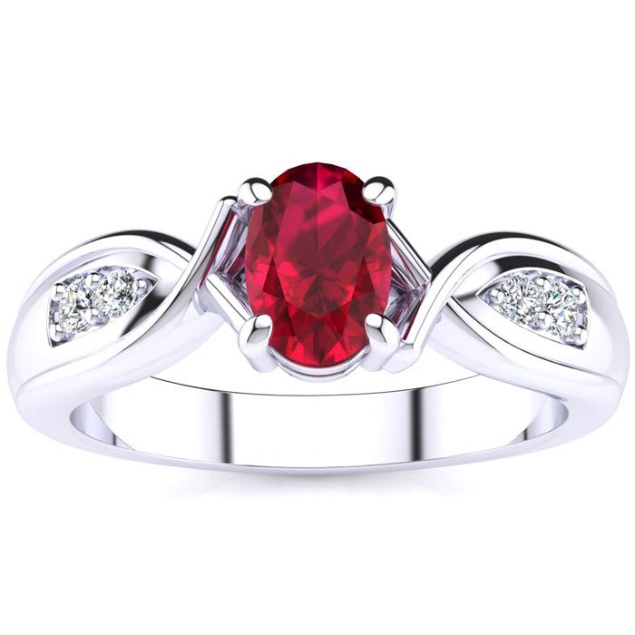 1 Carat Oval Shape Ruby and Four Diamond Ring In 10 Karat White Gold