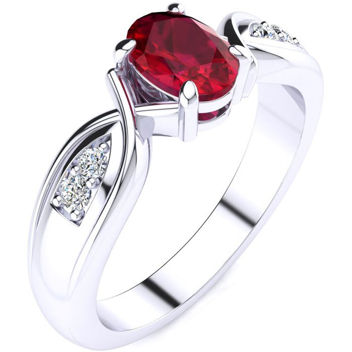 1 Carat Oval Shape Ruby and Four Diamond Ring In 10 Karat White Gold