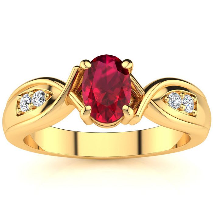 1 Carat Oval Shape Ruby and Four Diamond Ring In 10 Karat Yellow Gold