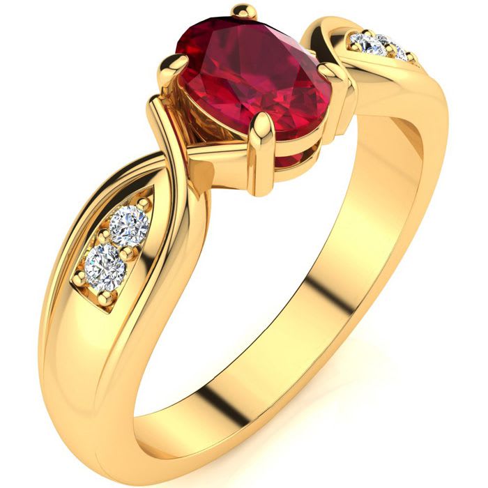 1 Carat Oval Shape Ruby and Four Diamond Ring In 10 Karat Yellow Gold