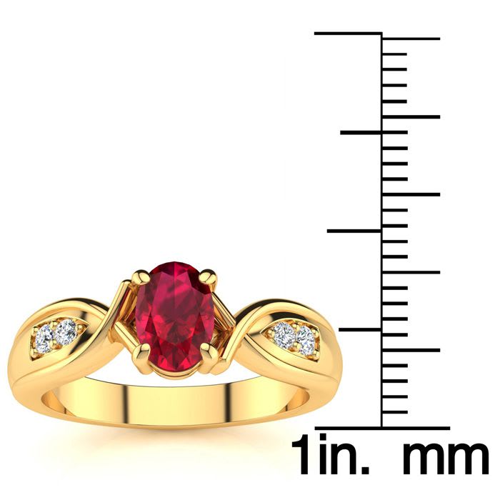 1 Carat Oval Shape Ruby and Four Diamond Ring In 10 Karat Yellow Gold