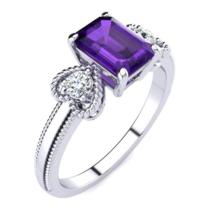1 Carat Amethyst and Two Diamond Heart Ring In 10 Karat White Gold