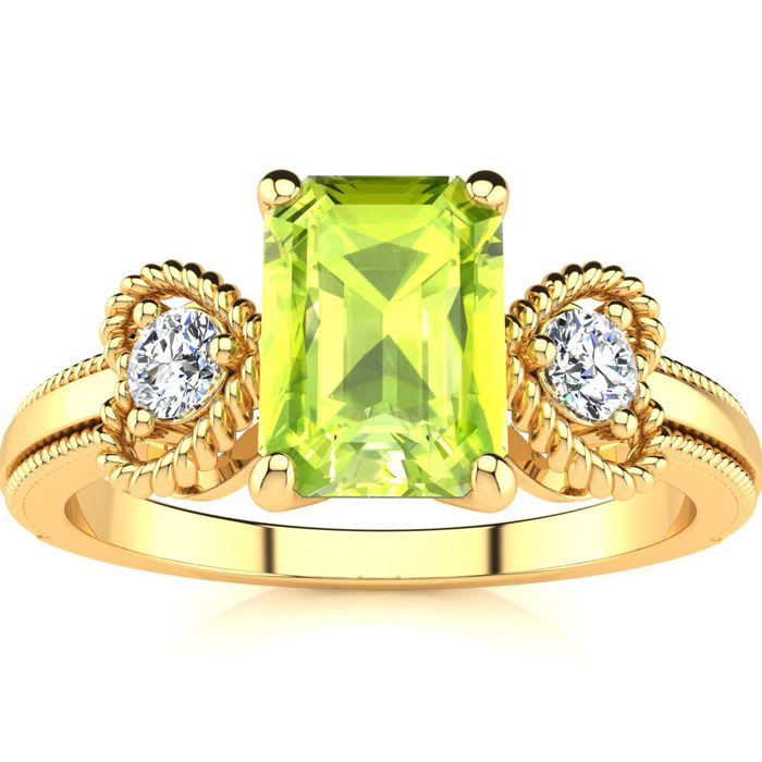 1 1/4 Carat Peridot and Two Diamond Heart Ring In 10 Karat Yellow Gold