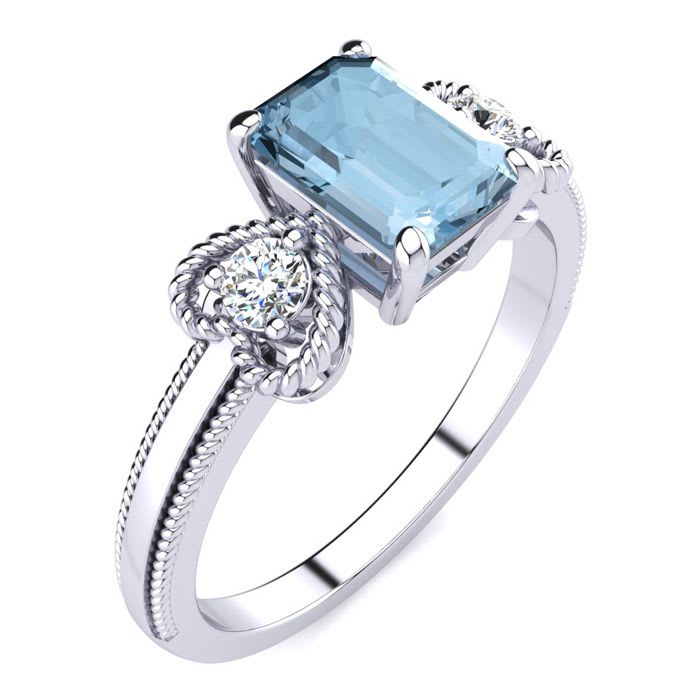 Aquamarine Ring: Aquamarine Jewelry: 1 Carat Aquamarine and Two Diamond Heart Ring In 10 Karat White Gold
