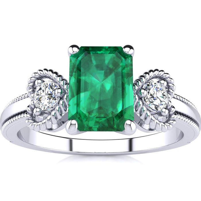 1 Carat Emerald and Two Diamond Heart Ring In 10 Karat White Gold