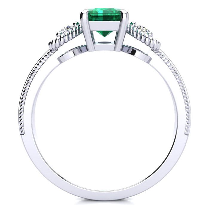 1 Carat Emerald and Two Diamond Heart Ring In 10 Karat White Gold