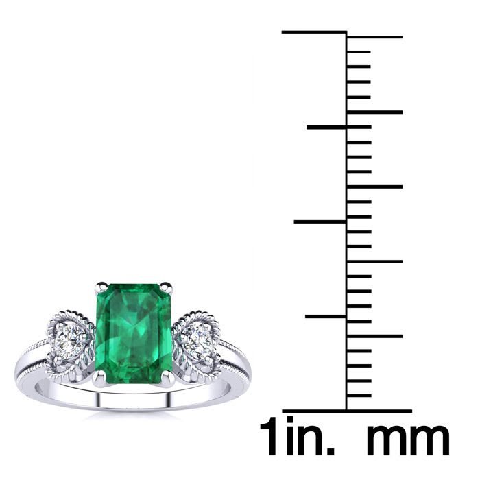 1 Carat Emerald and Two Diamond Heart Ring In 10 Karat White Gold