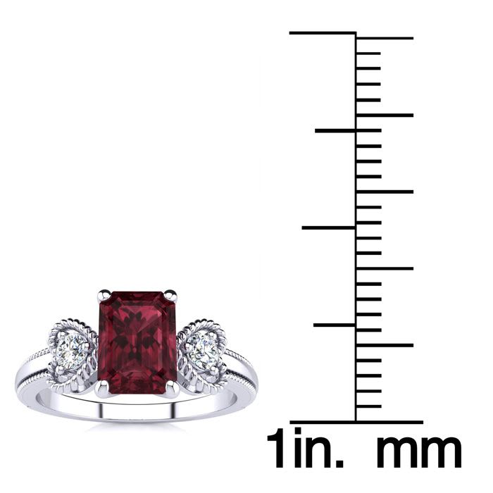 Garnet Ring: Garnet Jewelry: 1 1/2 Carat Garnet and Two Diamond Heart Ring In 10 Karat White Gold