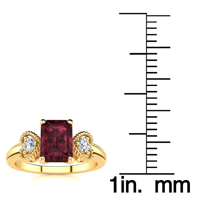 Garnet Ring: Garnet Jewelry: 1 1/2 Carat Garnet and Two Diamond Heart Ring In 10 Karat Yellow Gold