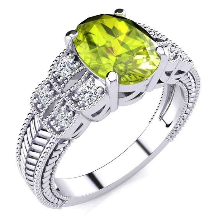 2 Carat Oval Shape Peridot and Diamond Ring In 10 Karat White Gold
