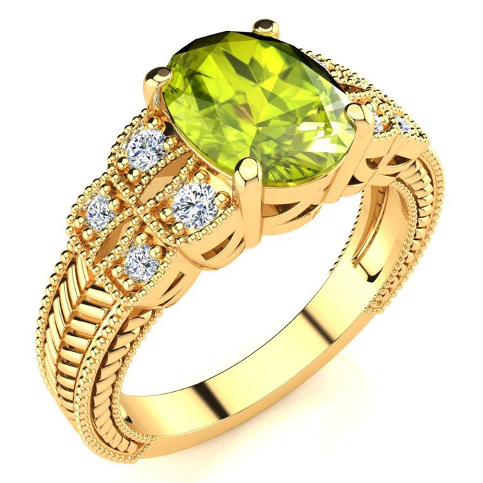 2 Carat Oval Shape Peridot and Diamond Ring In 10 Karat Yellow Gold