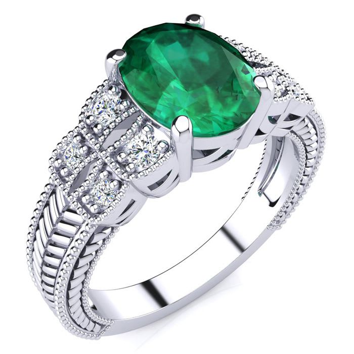 2 Carat Oval Shape Emerald and Diamond Ring In 10 Karat White Gold