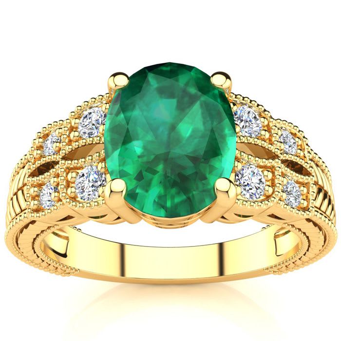 2 Carat Oval Shape Emerald and Diamond Ring In 10 Karat Yellow Gold