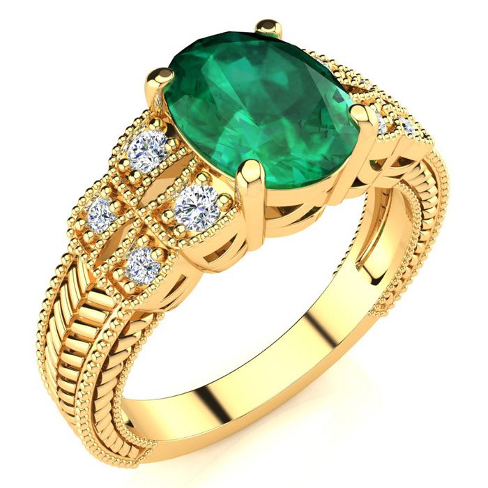 2 Carat Oval Shape Emerald and Diamond Ring In 10 Karat Yellow Gold