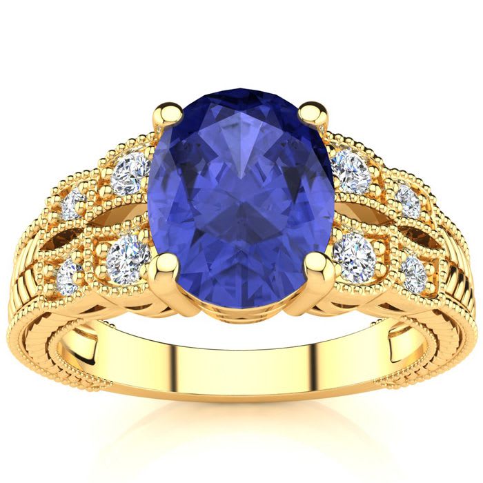 2 Carat Oval Shape Tanzanite and Diamond Ring In 10 Karat Yellow Gold
