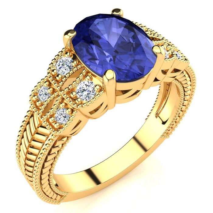 2 Carat Oval Shape Tanzanite and Diamond Ring In 10 Karat Yellow Gold