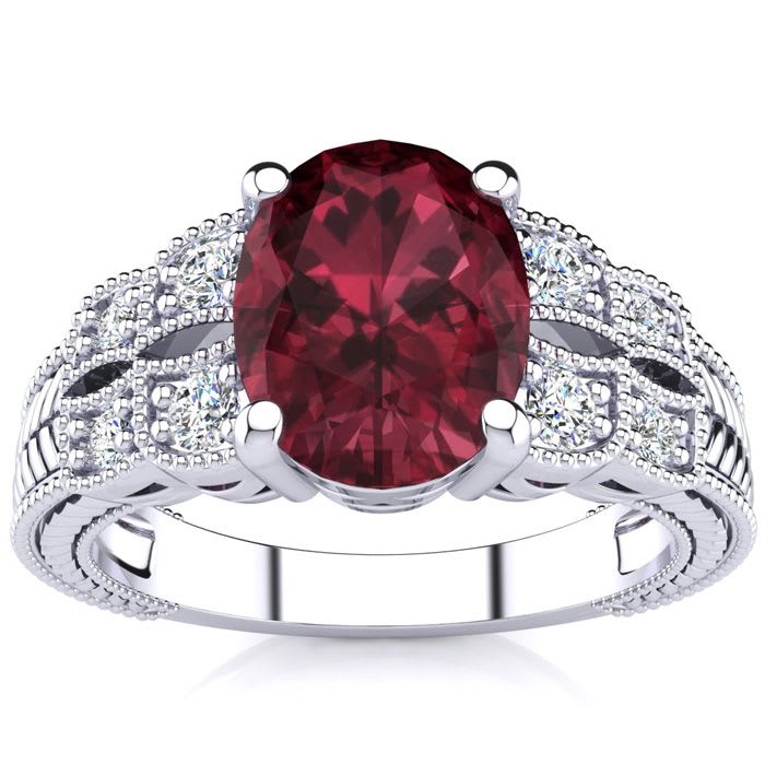 Garnet Ring: Garnet Jewelry: 2 Carat Oval Shape Garnet and Diamond Ring In 10 Karat White Gold
