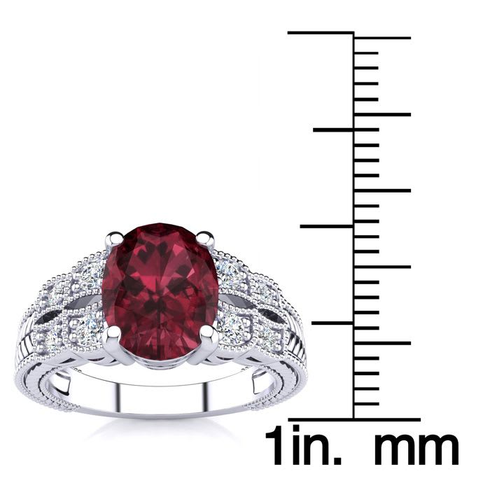 Garnet Ring: Garnet Jewelry: 2 Carat Oval Shape Garnet and Diamond Ring In 10 Karat White Gold