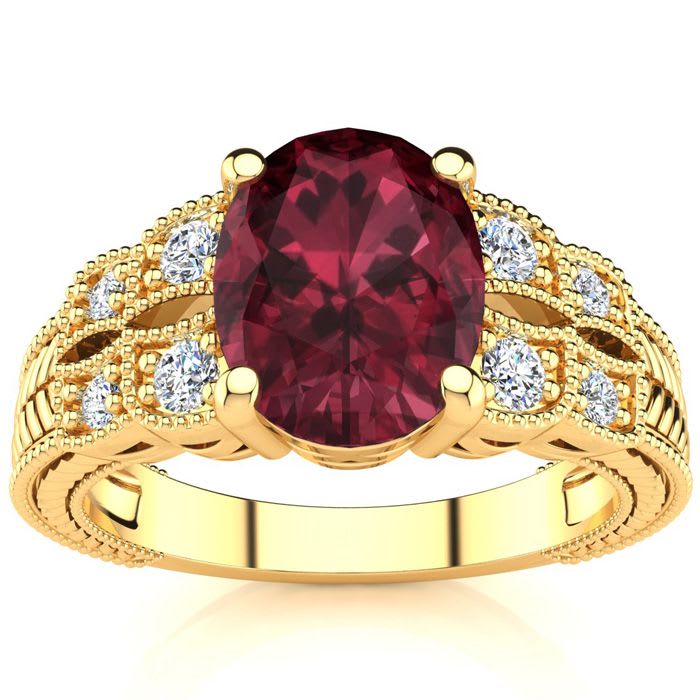 Garnet Ring: Garnet Jewelry: 2 Carat Oval Shape Garnet and Diamond Ring In 10 Karat Yellow Gold