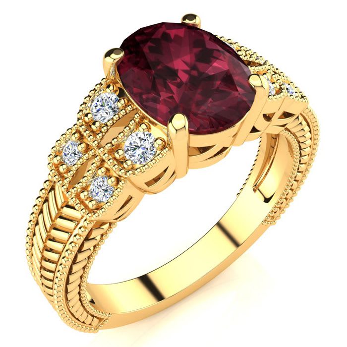 Garnet Ring: Garnet Jewelry: 2 Carat Oval Shape Garnet and Diamond Ring In 10 Karat Yellow Gold