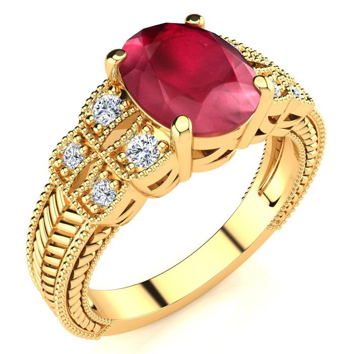 3 Carat Oval Shape Ruby and Diamond Ring In 10 Karat Yellow Gold