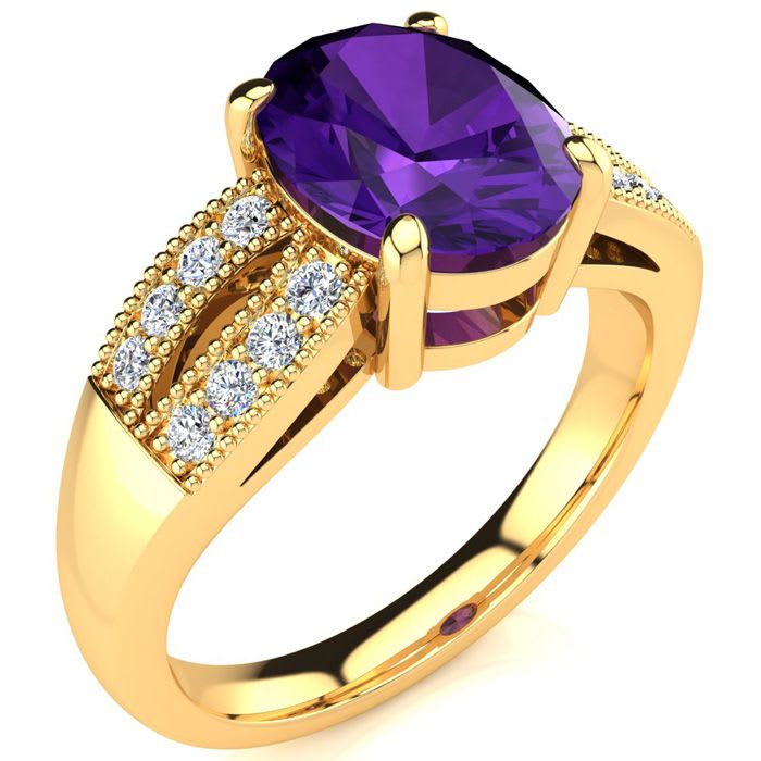 1 3/4 Carat Oval Shape Amethyst and Diamond Ring In 14 Karat Yellow Gold