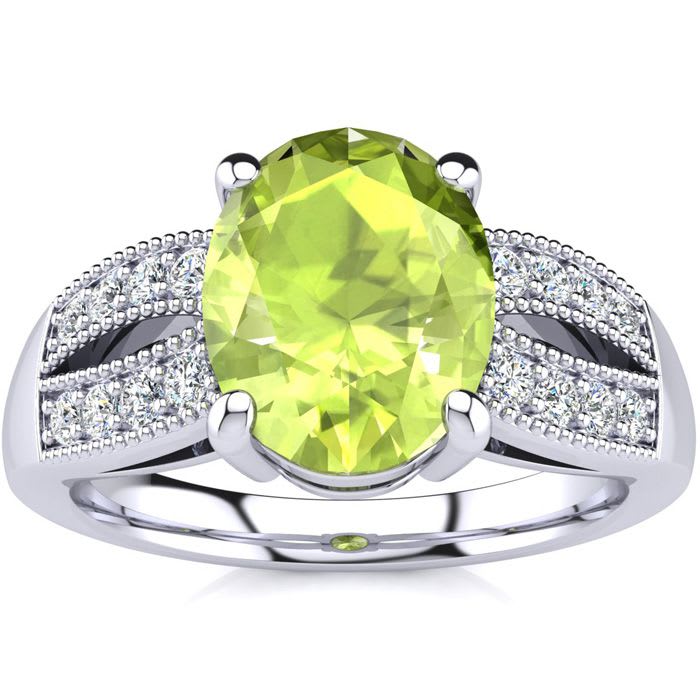 2 Carat Oval Shape Peridot and Diamond Ring In 14 Karat White Gold