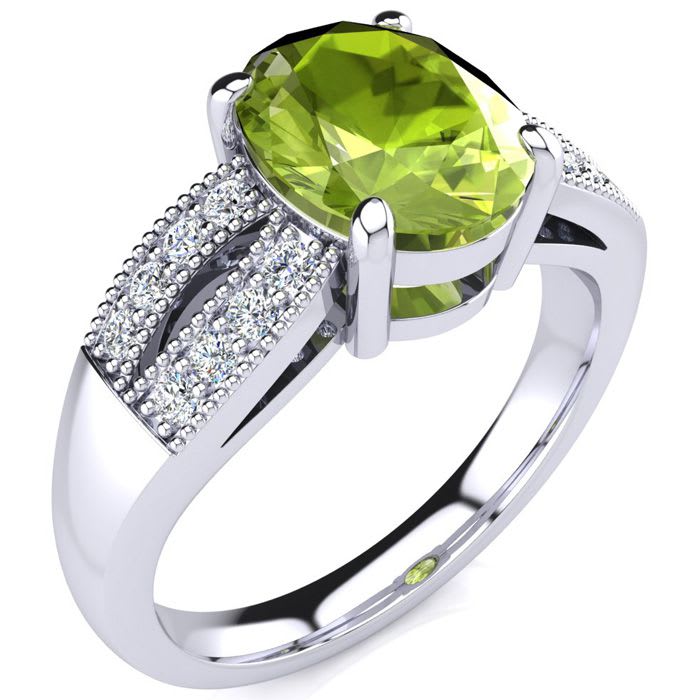 2 Carat Oval Shape Peridot and Diamond Ring In 14 Karat White Gold