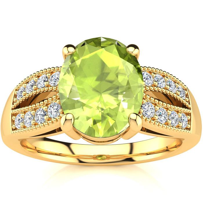 2 Carat Oval Shape Peridot and Diamond Ring In 14 Karat Yellow Gold