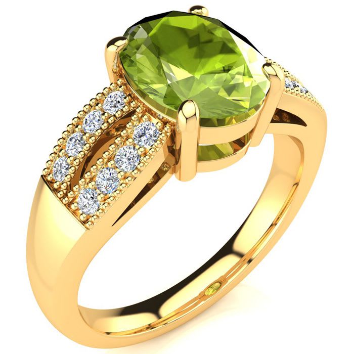 2 Carat Oval Shape Peridot and Diamond Ring In 14 Karat Yellow Gold