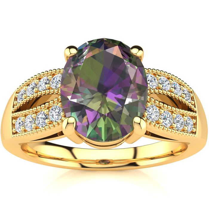 2-1/3 Carat Oval Shape Mystic Topaz Ring With Diamonds In 14 Karat Yellow Gold